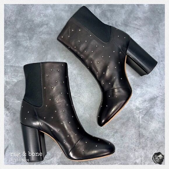 RAG & BONE AGNES STUDDED BLACK LEATHER BOOTS WOMEN’S HIGH HEEL CHELSEA BOOTIES - Picture 1 of 15